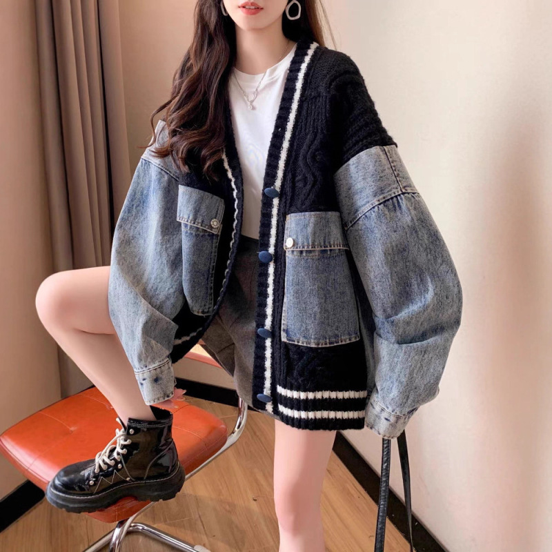 秋冬季新款时尚牛仔拼接针织开衫欧货休闲慵懒风宽松毛衣女装外套|undefined