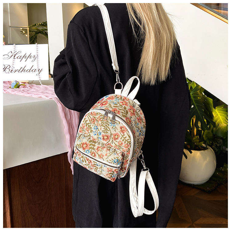 Pu Leather Material Women's Pu Leather Flower Streetwear Sewing Thread Oval Zipper Functional Backpack