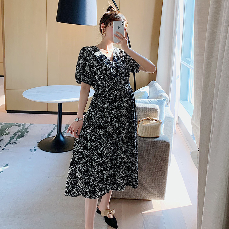 maternity dress summer new pattern Dress Single chip V-neck Broken flowers Bellflower French Paige M-8108