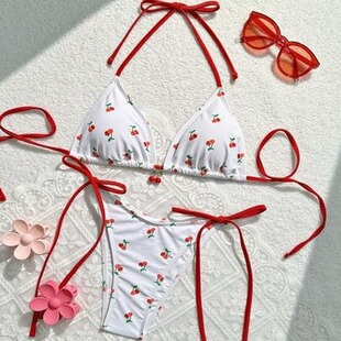2024 New European and American Bikini Sexy Swimwear Women's Split Cute Girl Cherry Lace-up Holiday Swimwear