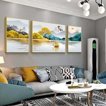 新中式山水风景客厅装饰画抽象意境沙发背景墙壁画招财鹿三联挂画