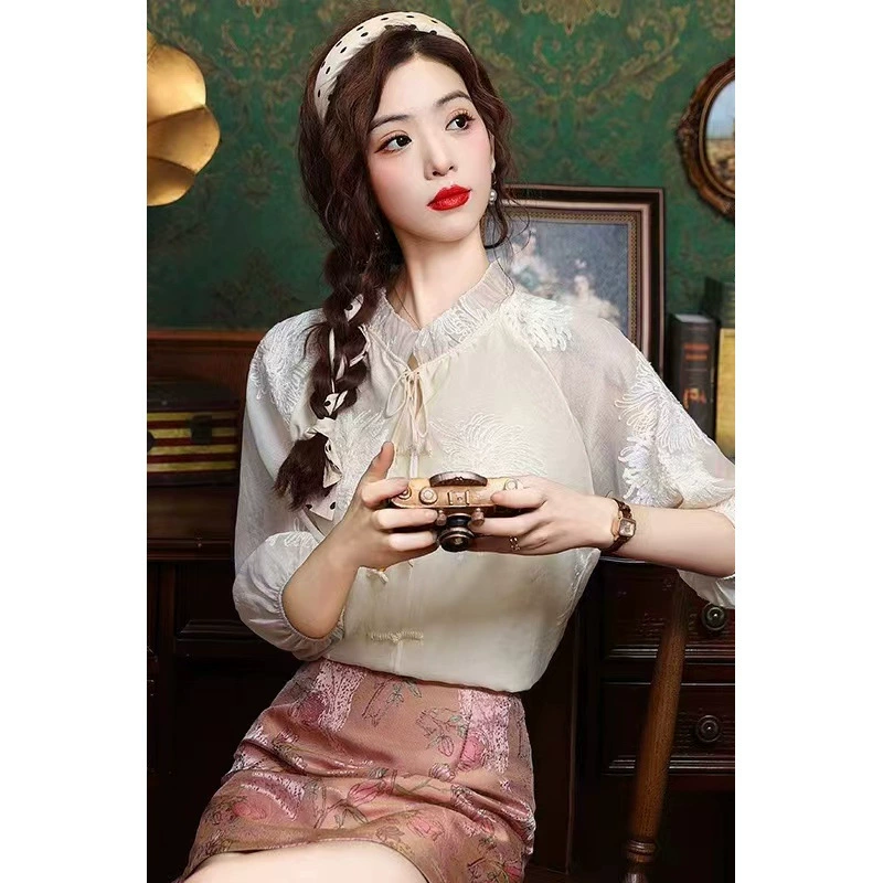 Новые высококачественные топы из двух предметов в китайском стиле для женщин, лето 2024, лето, новый стиль, миниатюрный элегантный костюм, юбка