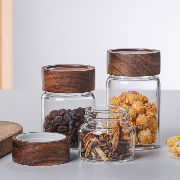 Amazon Acacia Wood Glass Storage Jar Kitchen Spice Bottle Screw Mouth Seasoning Jar Restaurant Spice Storage Jar