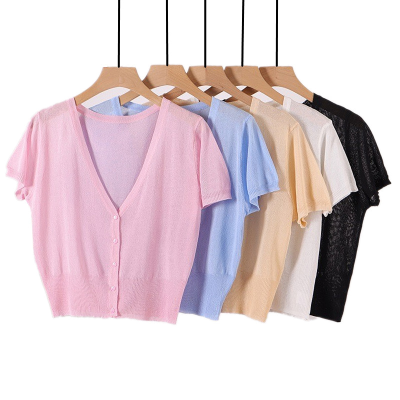 Summer Thin Knitted Sweater Women's Cardigan Sunscreen Shirt with Sling Dress Outer Short Sleeve Shawl Short Waistcoat