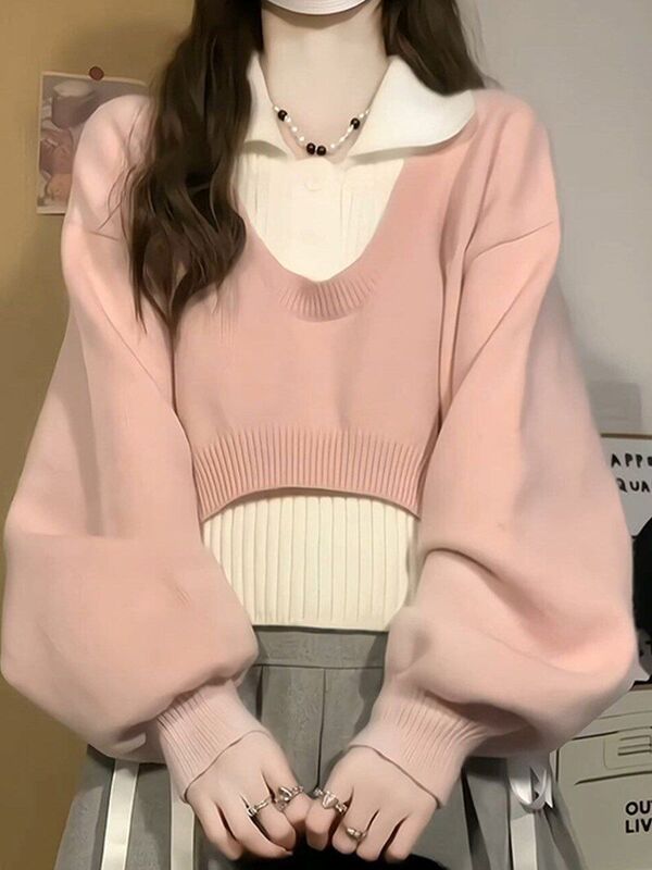 韩系百搭慵懒风粉色polo领气质针织衫两件套短款上衣毛衣女春秋|undefined