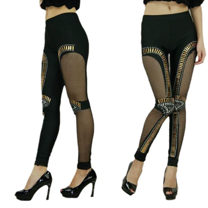NJ8387 punk rock stage performance net yarn stitching head rivet leggings
