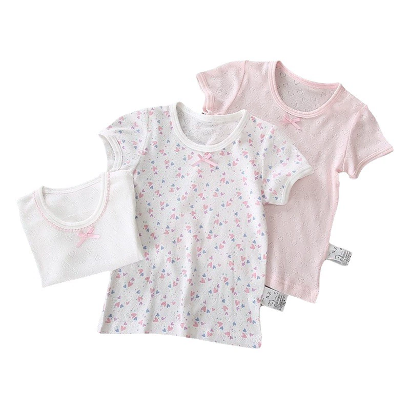 Songyou Xisongwu впитывающая пот жаккардовая сетчатая полая детская хлопковая эластичная футболка с короткими рукавами для девочек Four Seasons, Базовая рубашка