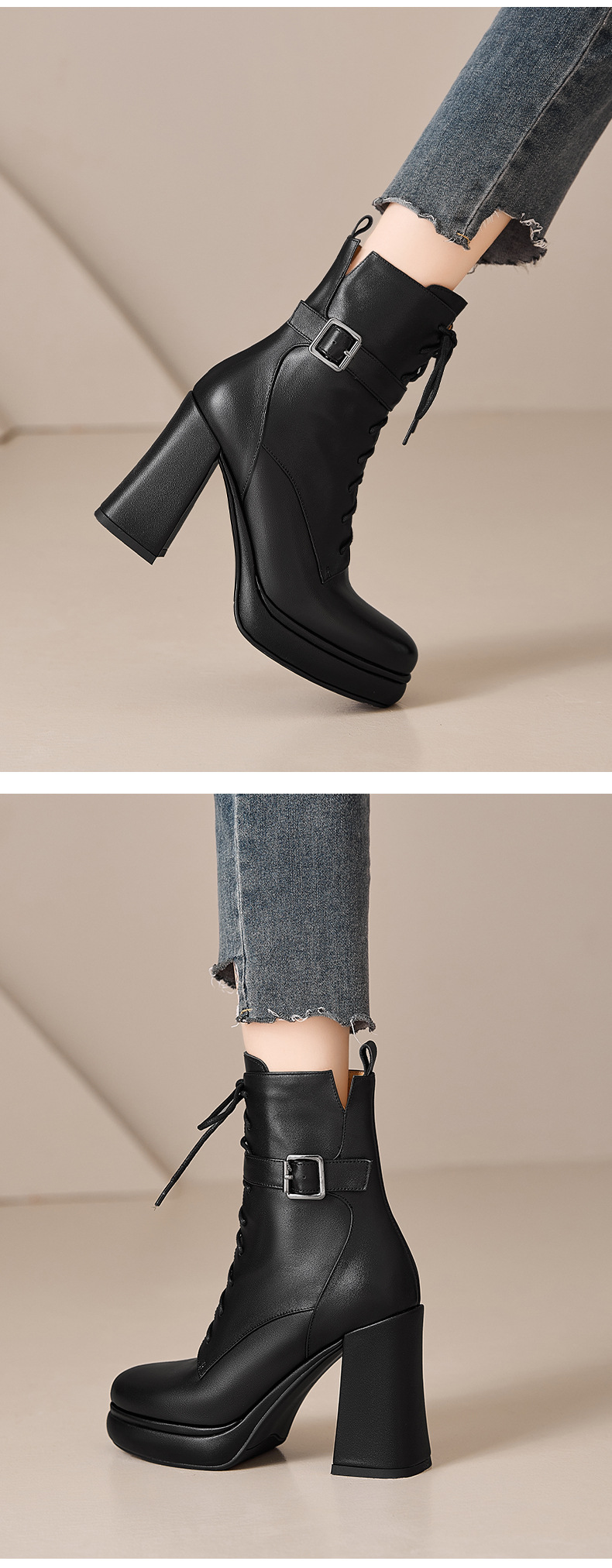 Giày boot nữ da thật cổ ngắn dây buộc gót vuông 10 cm đế dày mùa thu đông — màu đen, Màu trắng nhạt chi tiết 6