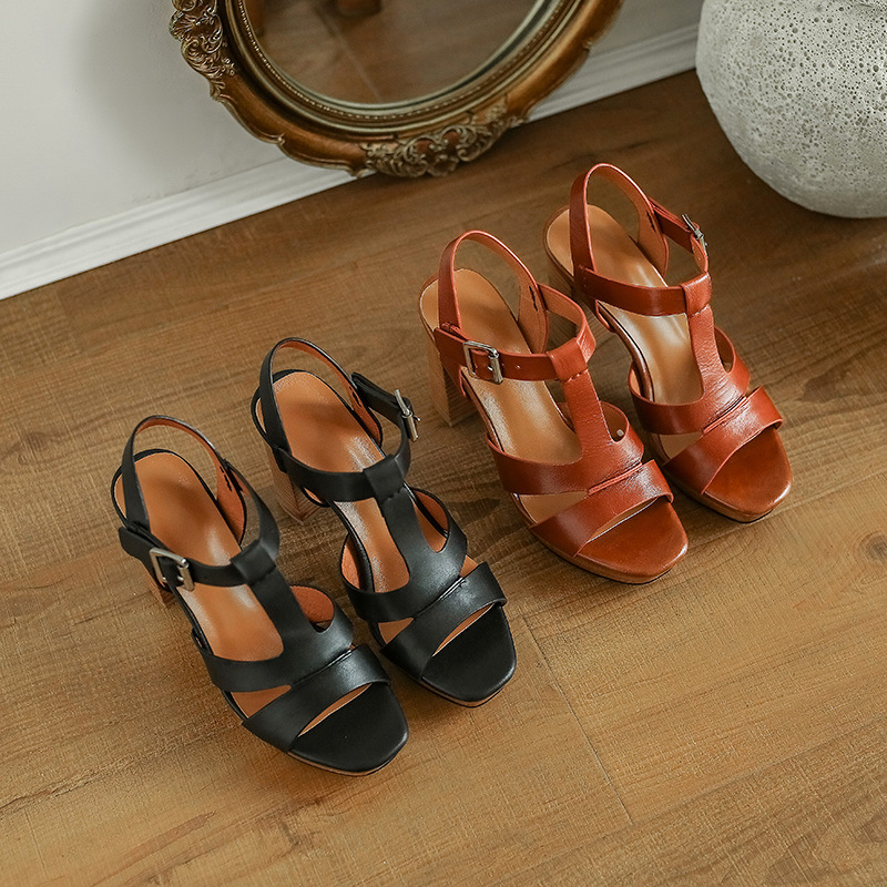 Sandal cao gót hở mũi retro 10 cm quai chữ T gót vuông da bò — Màu nâu chi tiết 4