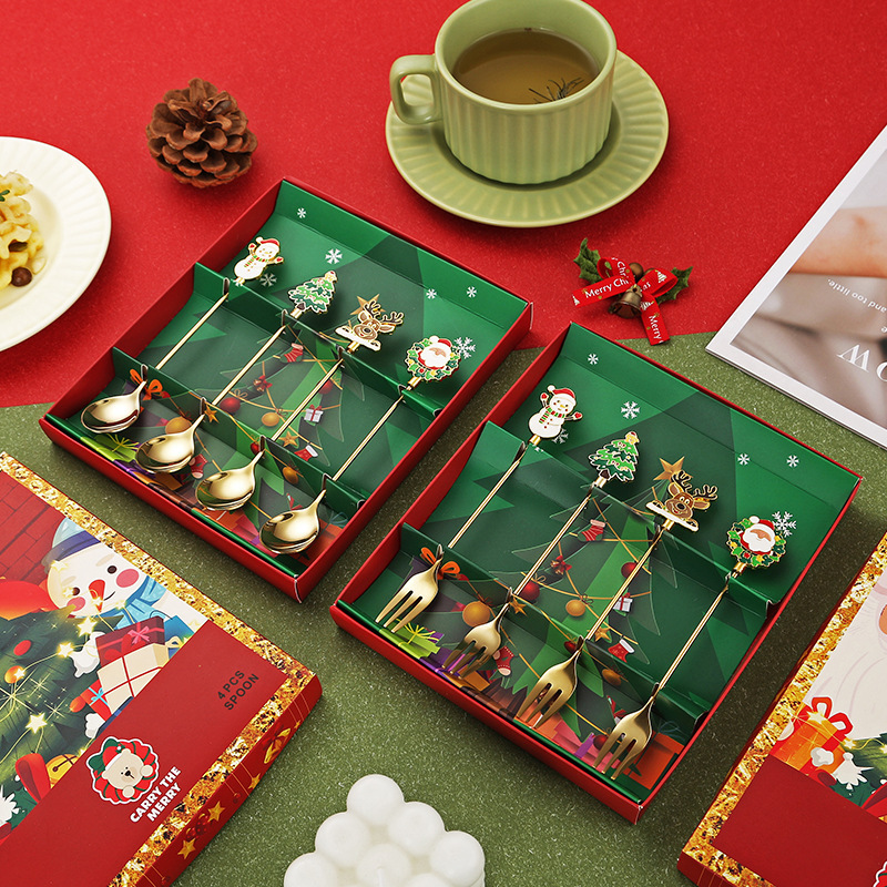 クロスボーダー新しいクリエイティブクリスマススプーン 304 ステンレス鋼クリスマス食器漫画クリスマスギフトボックスセットスプーンとフォーク|undefined