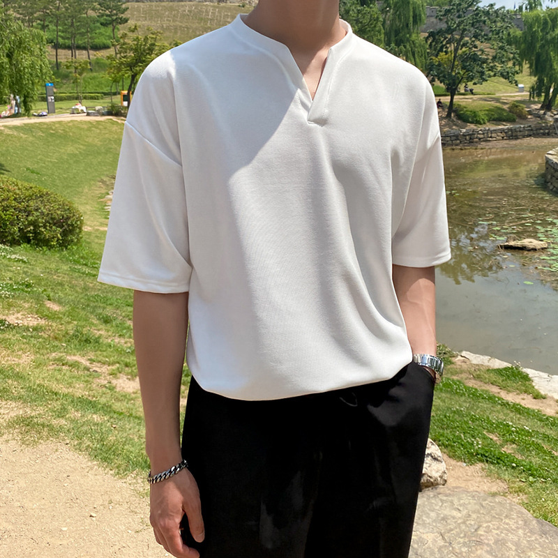 Simple Korean-style Loose T-shirt V-neck Basic All-match Casual Ice Silk Short-sleeved Men's Fashionable Summer Dress Simple Korean-style Loose T-shirt V-neck Basic All-match Casual Ice Silk Short-sleeved Men's Fashionable Summer Dress