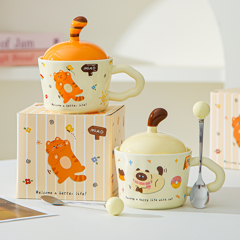 Divertido gato de dibujos animados tazas con cubierta de oficina adorable ins tazas de cerámica tazas de regalo creativas personales