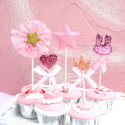 Pink Korean style bunny crown love five-pointed star birthday cake dessert baking New Year cake insert