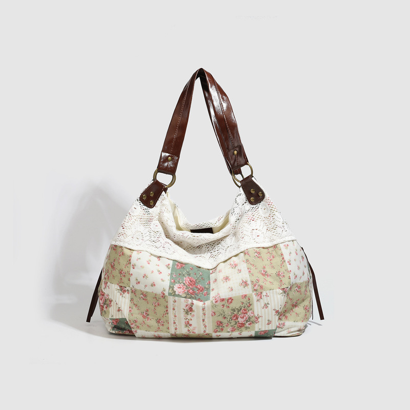 2025 New Style Vintage Floral Patchwork Tote Bag Retro Lace Commuter Shoulder Handbag Versatile