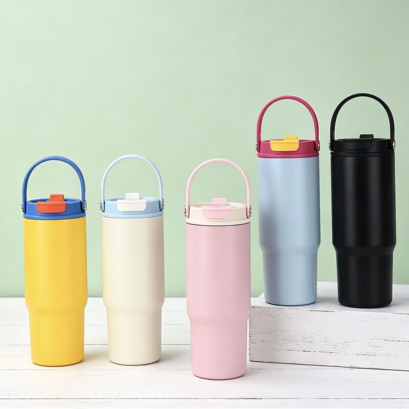 New Stylish Dual-Purpose Drinking Cup with Large Capacity, Straw, and Handle, Made of 316 Stainless Steel, Suitable for Car Use and Keeps Drinks Hot or Cold