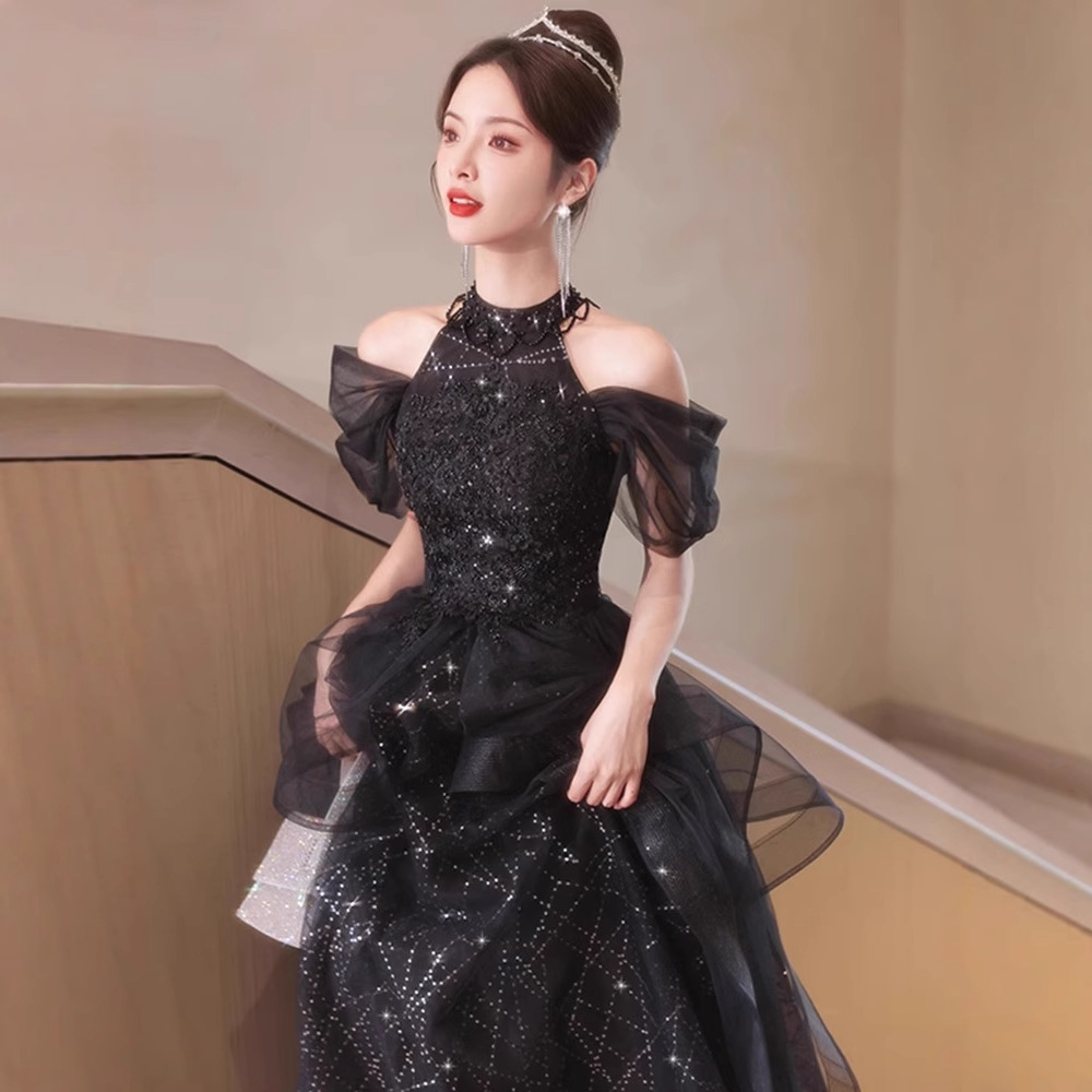 Evening Dress, Banquet Elegant, Accessible Luxury, Niche Classy Host Tutu Skirt, Black Halter, Annual Meeting Dinner