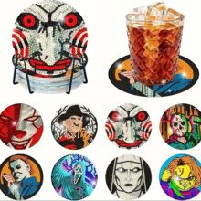 8件恐怖电影主题DIY钻石画杯垫圆形 木质餐垫钻石贴钻画