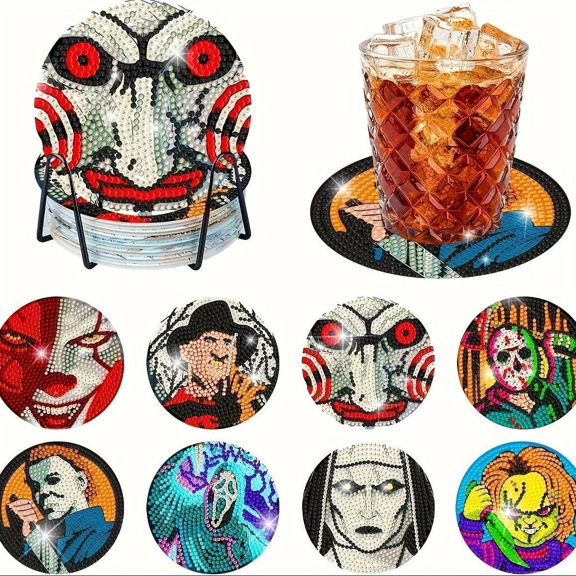 8件恐怖电影主题DIY钻石画杯垫圆形 木质餐垫钻石贴钻画
