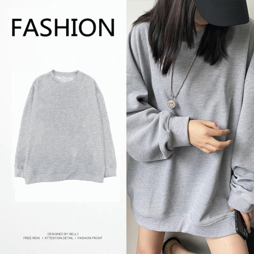 Waffle long-sleeved sweatshirt women's thin autumn loose large size slim niche design jacket women's top