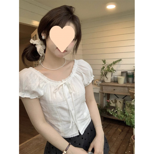 Small Size Short New Lace Ruffle Bubble Shirt Summer Slim Fit Short Sleeve Chic Shirt Sweet Top 