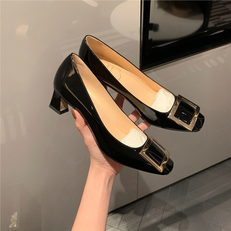 In-Stock and Ready to Ship~ Grape Mom Classic Square-Toe Shallow High-Heeled Shoes for Women, Summer Chunky Heel Flat Commuting Shoes