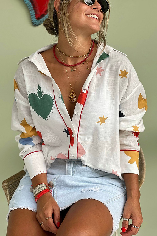 280g Weight Long Sleeve Sleeve Length Single Breasted Placket Type Polyester Fabric Type Long Top Length Wholesale Women's Streetwear Abstract Star Heart Shape Long Sleeve Printing Button Blouses