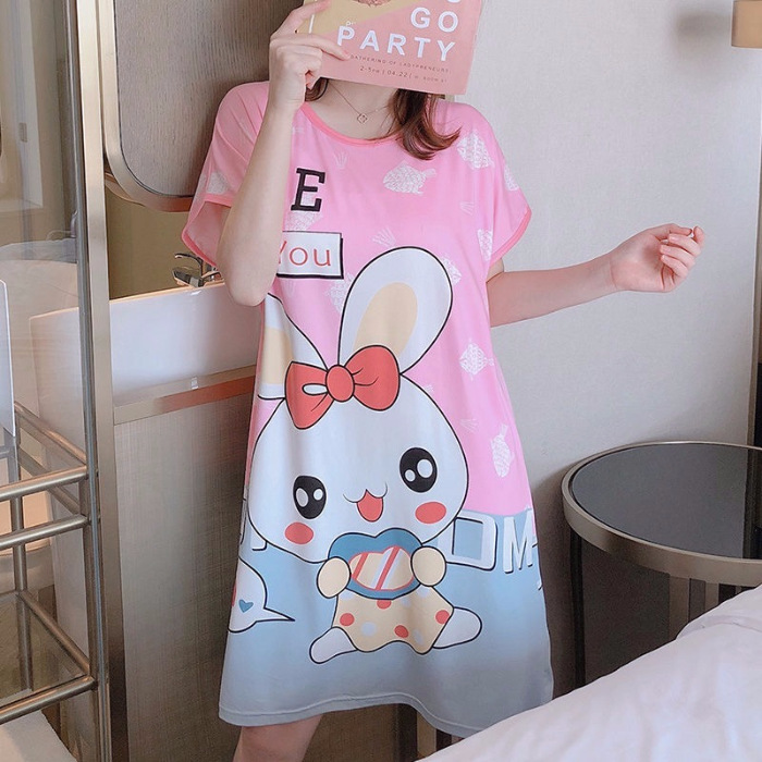 Camisón de manga corta de verano de dibujos animados dulce falda cultural delgada suelta más pijamas de tamaño vestido de mujer ropa para el hogar Comercio exterior