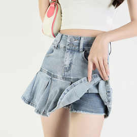 防走光内衬百褶裙浅蓝2025年性感辣妹小个子荷叶边牛仔短裙子显高