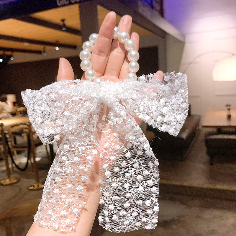 Koreanische Bow Garn Spitze Perle Haar Haargummis display picture 6