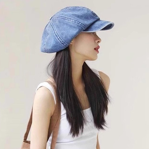 Cowboy beret female retro painter hat summer thin big head circumference octagonal hat summer face-showing small blue hat