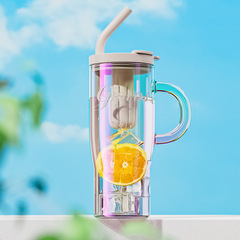 GIAVOS炫彩玻璃杯高硼硅大容量水杯女便攜高顏值冰霸杯帶吸管杯子