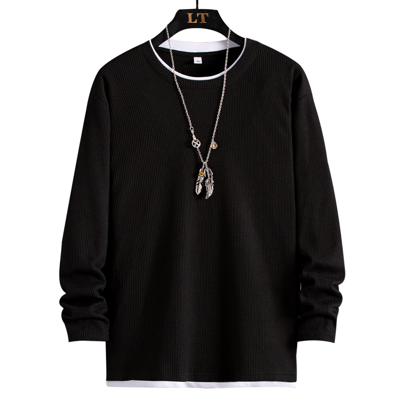 Falso de dos piezas de manga larga camiseta de los hombres de estilo americano pesado waffle suéter de primavera y otoño de moda cuello redondo jersey casual top