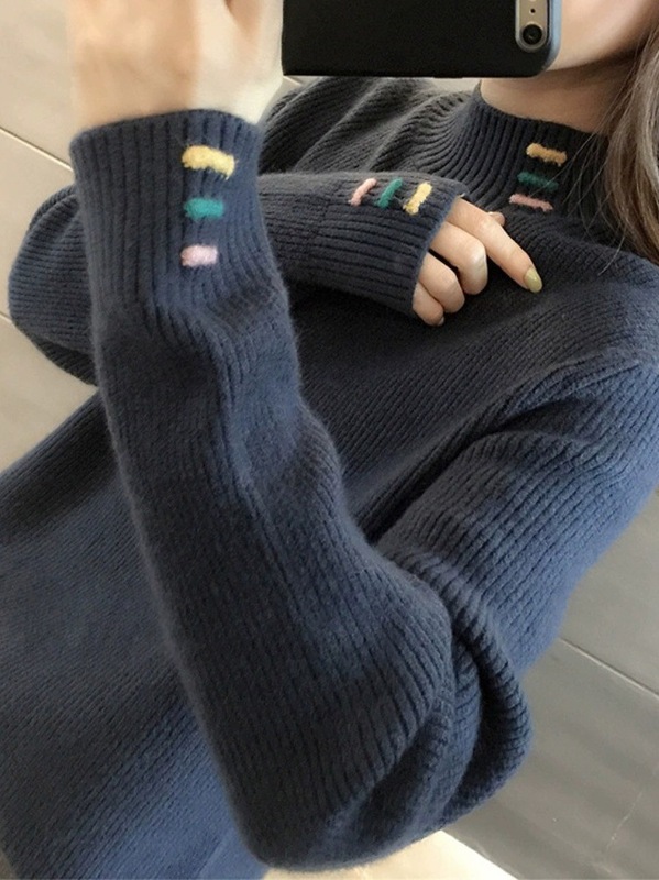 半高领毛衣女秋冬2025年新款秋冬季韩版慵懒风纯色绣花针织打底衫|undefined