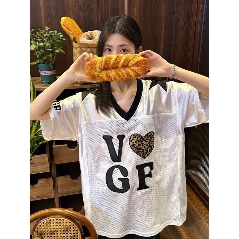 アメリカの国民的ファッションブランド通気性メッシュジャージVネック半袖Tシャツレディース夏オーバーサイズルーズスポーツスタイルトップ|undefined