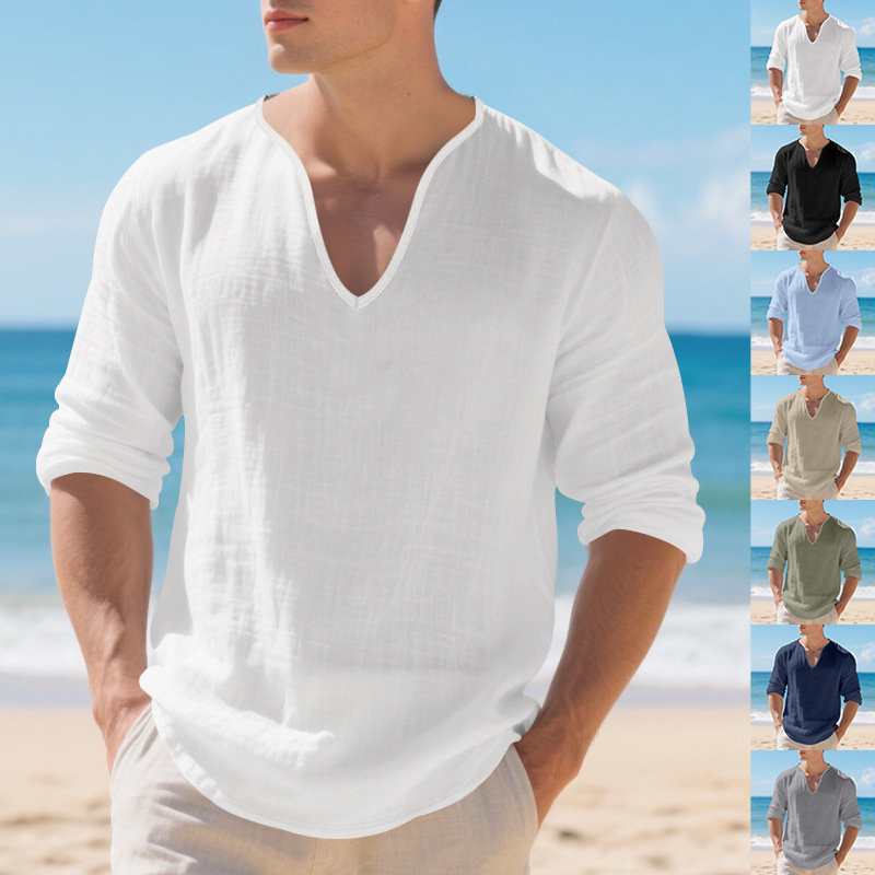 Cross-Border European and American Men's Linen Casual Loose V-Neck Long-Sleeved Shirt Solid Color Loose Cotton-Linen Breathable Base Shirt