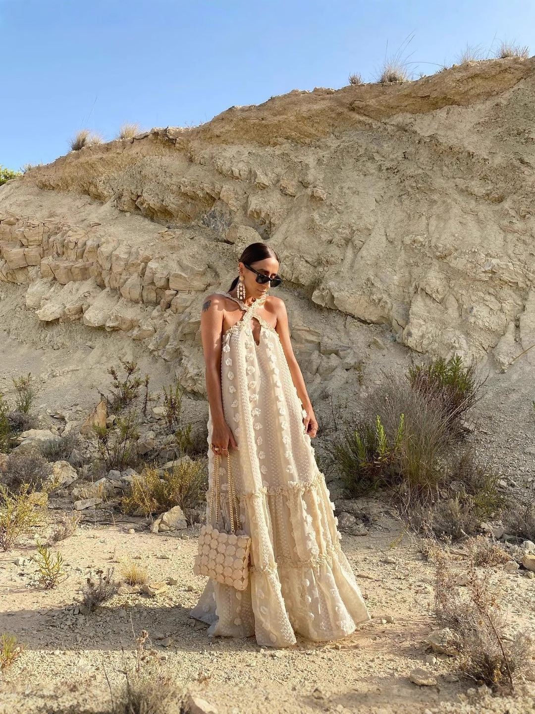 Amazon nouvelle mode transfrontalière européenne et américaine col licou fleur tridimensionnelle jupe ample robe de gâteau décontractée longueur au sol