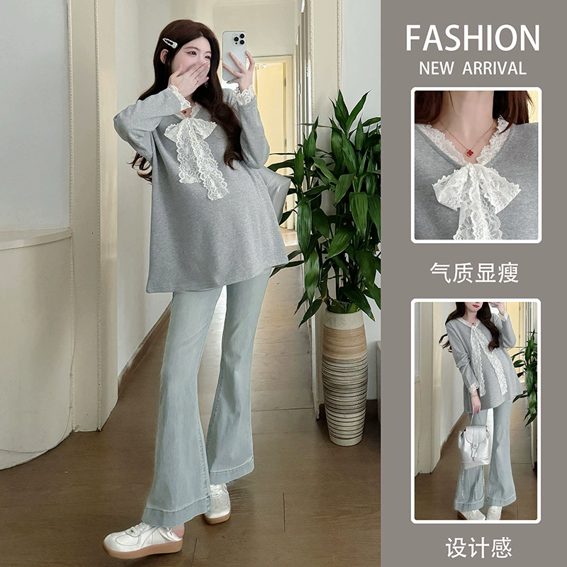 2025 весна новая мода сладкий кружевной бант сшитый трикотажный нижний свитер