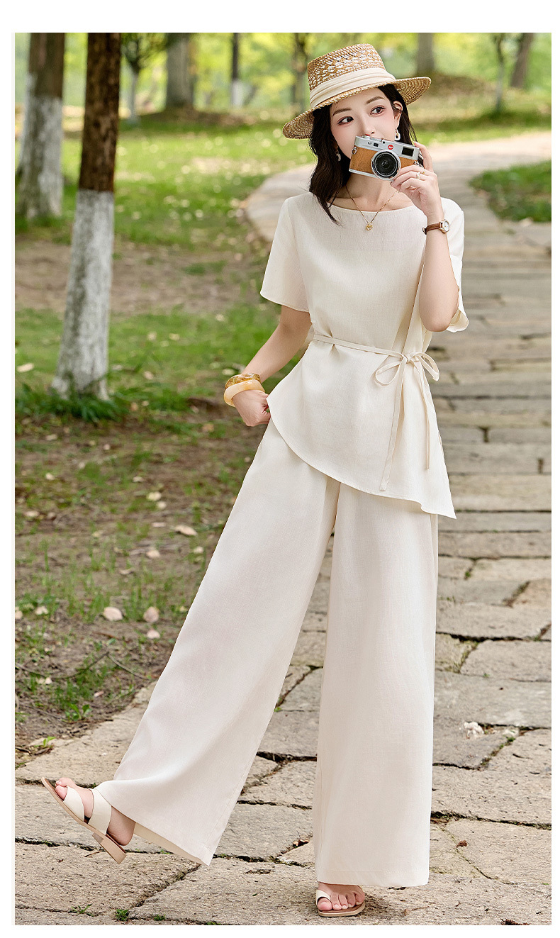 Bộ đầm suông nữ midi tay ngắn cổ tròn thắt eo — màu trắng ngà chi tiết 16