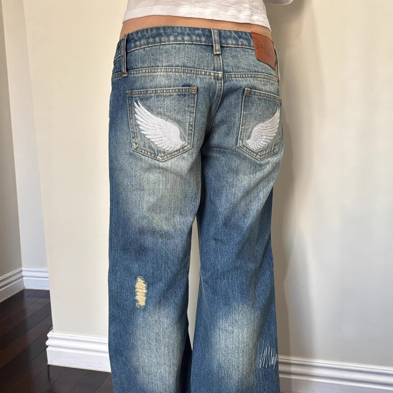 European and American Cross-Border Vintage Angel Wings Embroidered Ripped Jeans for Women Y2K Spicy Girl Low-Waist Floor-Length Pants Ins European and American Cross-Border Vintage Angel Wings Embroidered Ripped Jeans for Women Y2K Spicy Girl Low-Waist Floor-Length Pants Ins