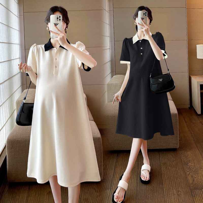 Maternity Dress Summer 2025 Trendy Influencer Maternity Outfit Summer Turn-Down Collar T-Shirt Fashionable Loose Dress
