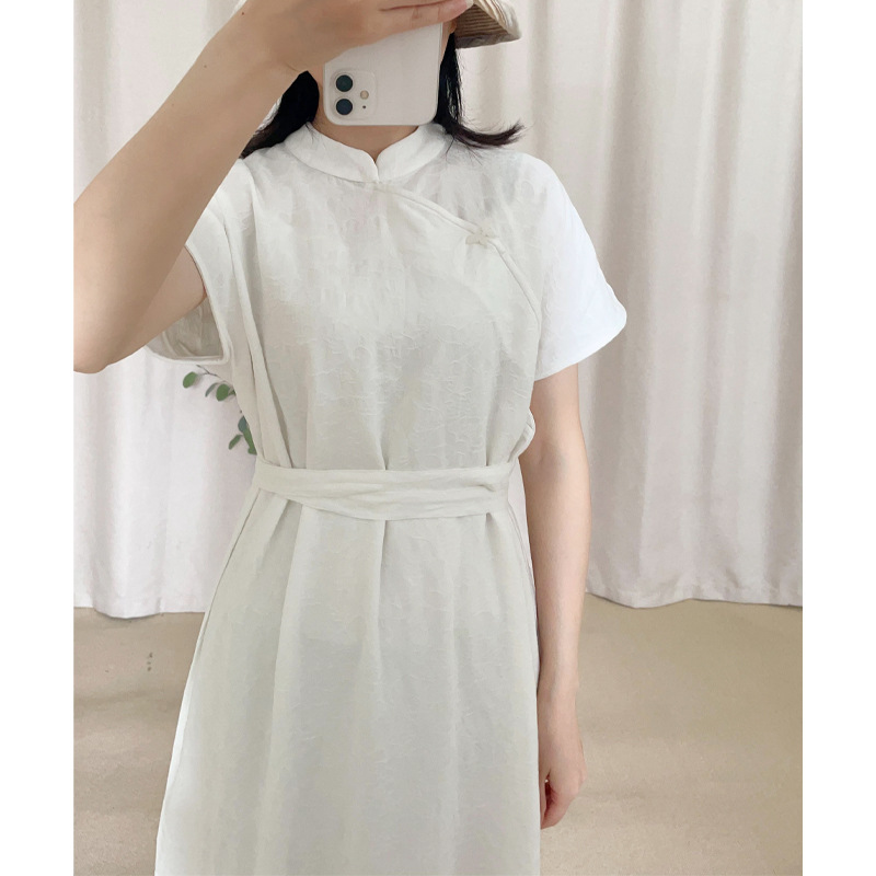 女式棉麻提花轻中式立领短袖系腰带旗袍文艺宽松收腰开衩长裙2555