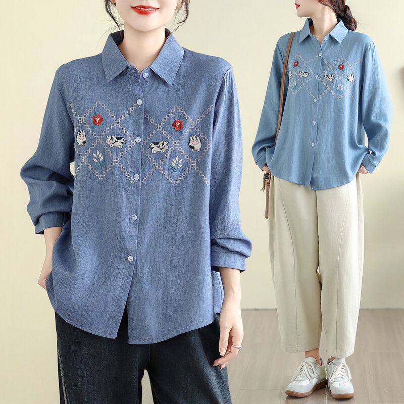 Plus-Size Women's Embroidered Denim Shirt for Foreign Trade, New Autumn and Winter Vintage Versatile Loose High-End Long-Sleeve Shirt