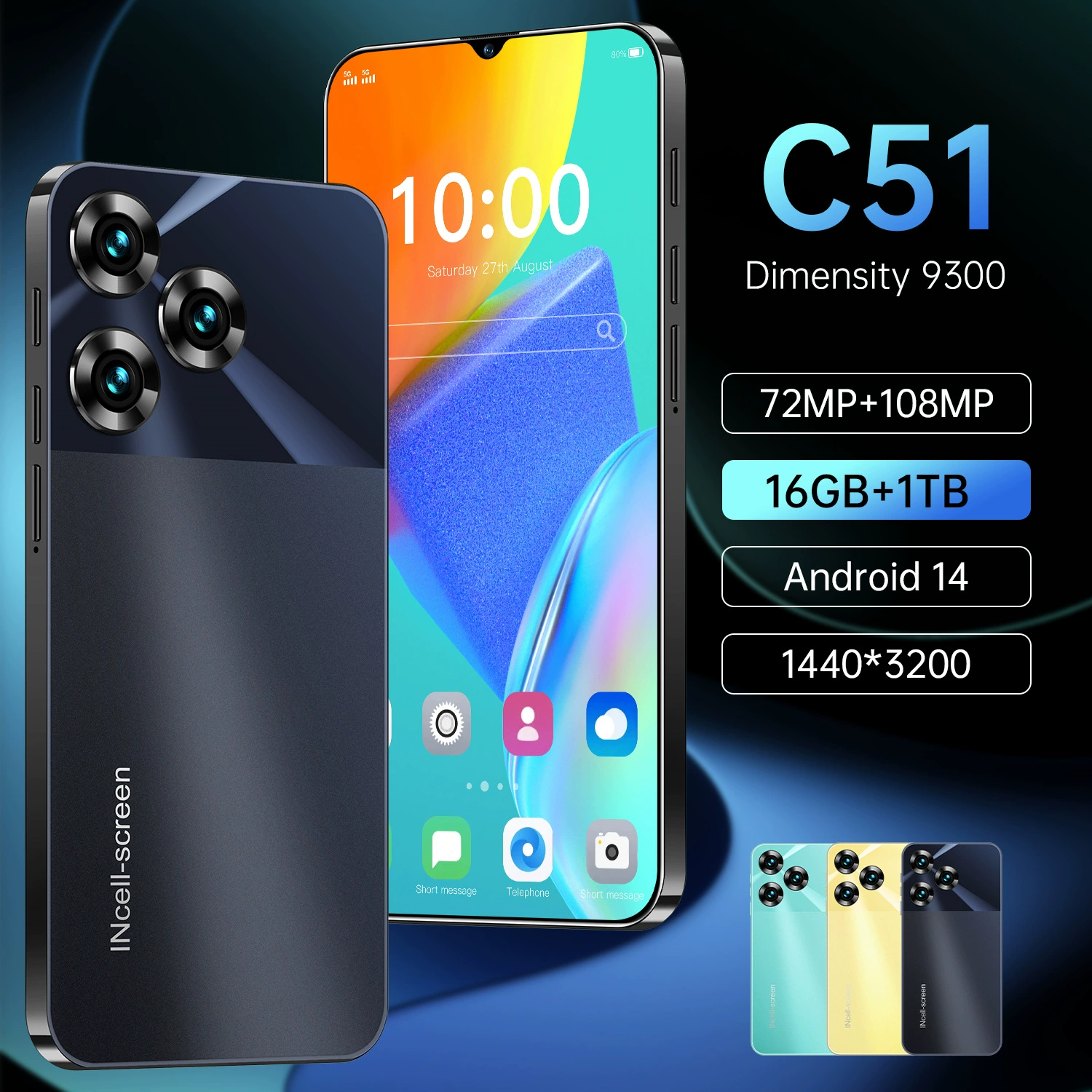 Смартфон C51, Dimensity 9300, 6.8 дюйма AMOLED, 16 ГБ ОЗУ + до 1 ТБ, 108МП+72МП
