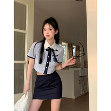 时尚拼接元素学院风jk制服少女感衬衫女装夏季甜辣妹短款上衣