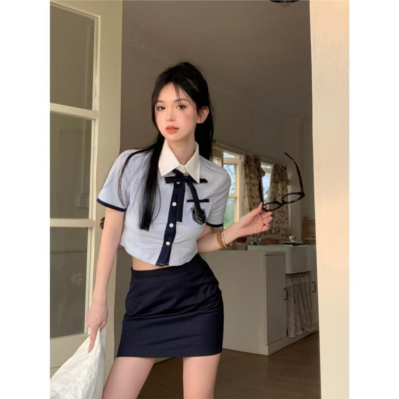 时尚拼接元素学院风jk制服少女感衬衫女装夏季甜辣妹短款上衣