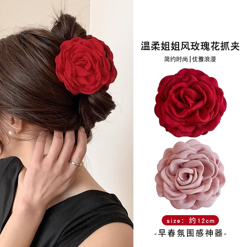 Caro con rosa roja clip de agarre para mujeres 2025 nuevo toque de cabeza de flores de super hadas explosión clip de tiburón