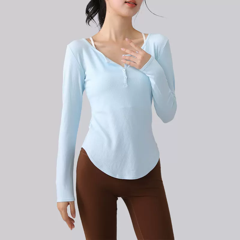 新款V领瑜伽服女紧身显瘦普拉提长袖专业健身t恤气质跑步运动上衣