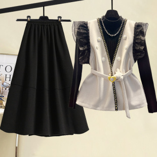 蕾絲拼接毛呢馬甲外套+半高領打底衫+蓬蓬半身長裙時尚三件套
