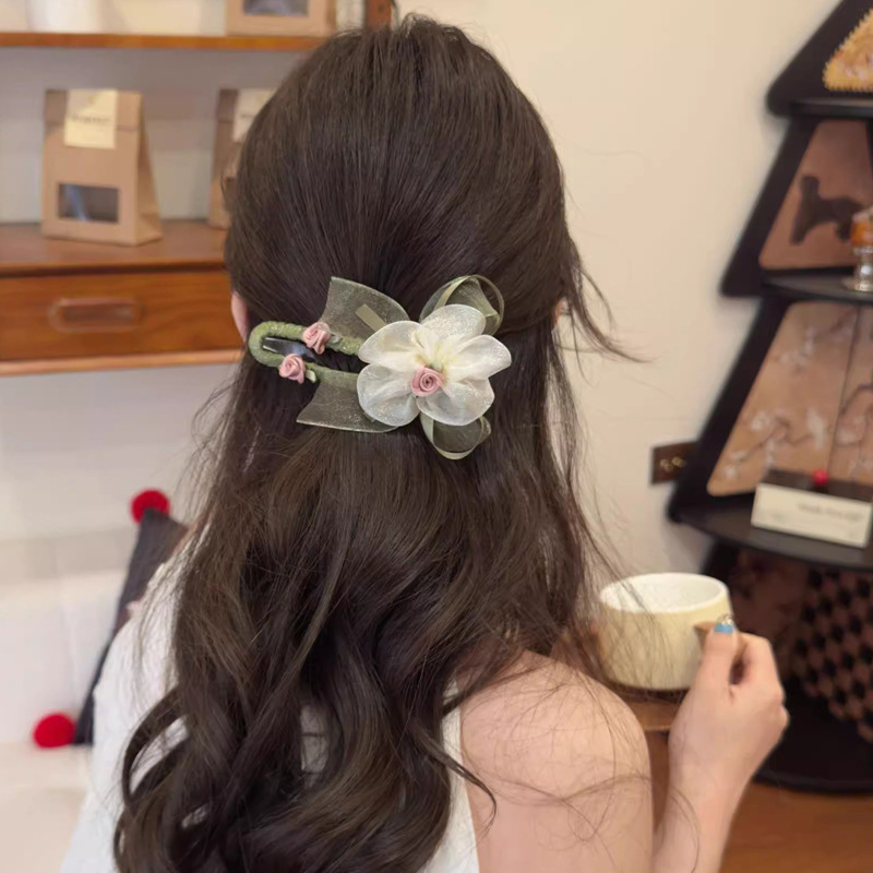3# Pinza para el cabello de cocodrilo floral beige # Aproximadamente 11,5 cm