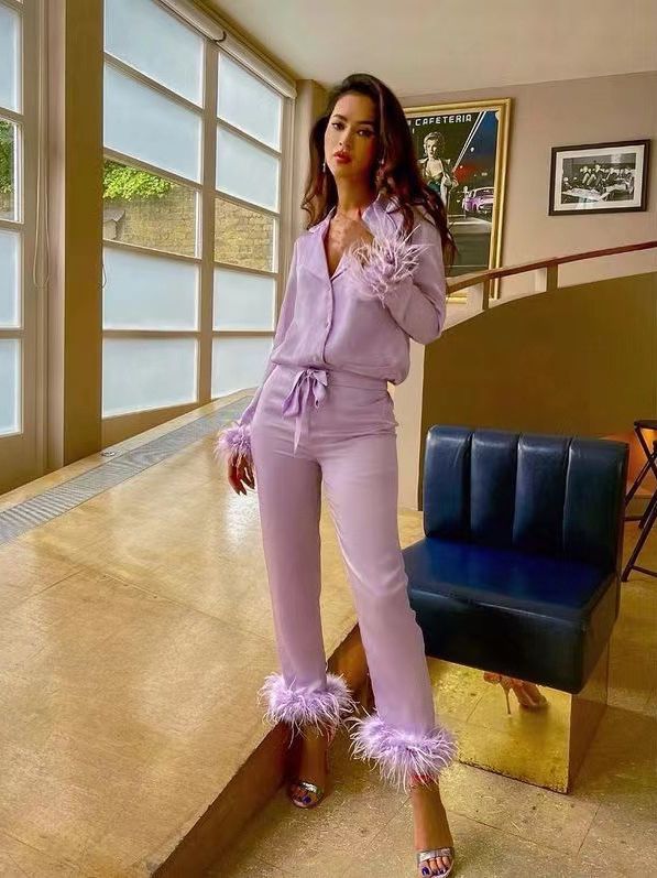 2022 Amazon independent station women's solid color suit lapel top feather trousers two-piece pajamas suit